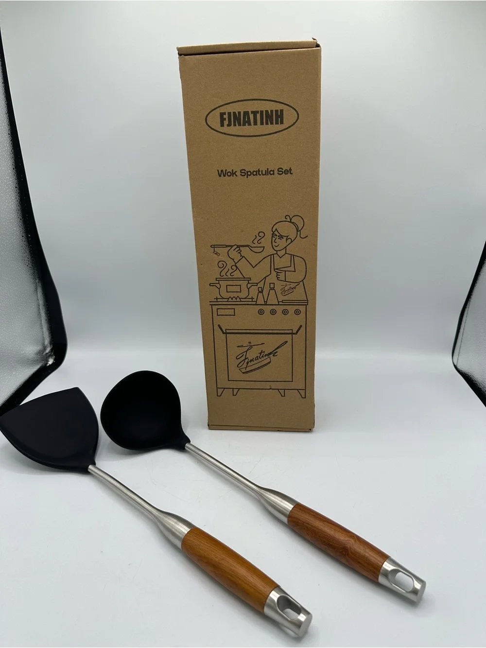 FJNATINH Set Of 2 Utensils Spatula & Ladle Stainless Steel Walnut Wood Handle